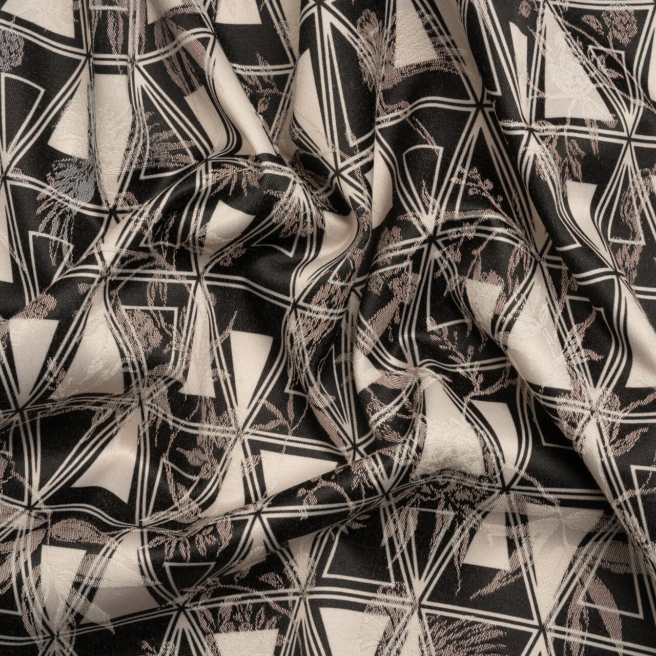 1 Yard Black Cream Flowers Cranes Triangles Jacquard Stretch Fabric